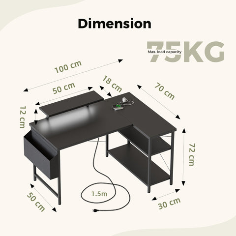 Mericonia Corner Desk, w. Monitorstand & Built-in Socket, 100x70cm, Black