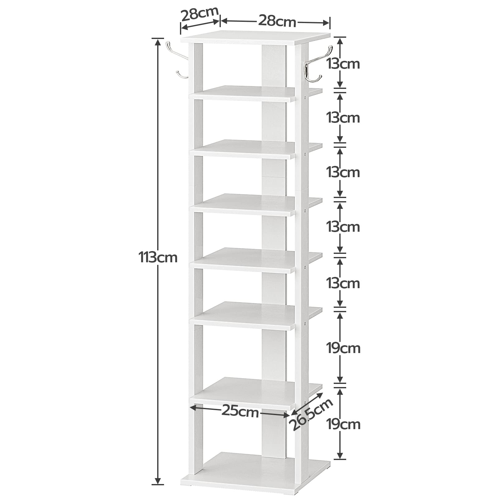 HOOBRO Shoe Rack Wooden, White Shoe Shelf, Tall, Narrow Shoe Storage Organizer with 2 Hooks, Vertical Shoe Tower for Entrance, Living Room, Hallway