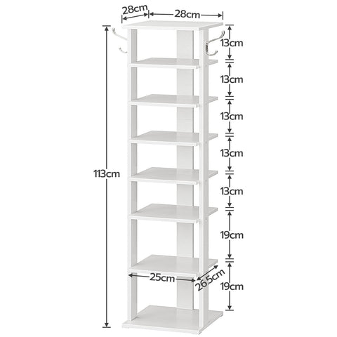 HOOBRO Shoe Rack Wooden, White Shoe Shelf, Tall, Narrow Shoe Storage Organizer with 2 Hooks, Vertical Shoe Tower for Entrance, Living Room, Hallway