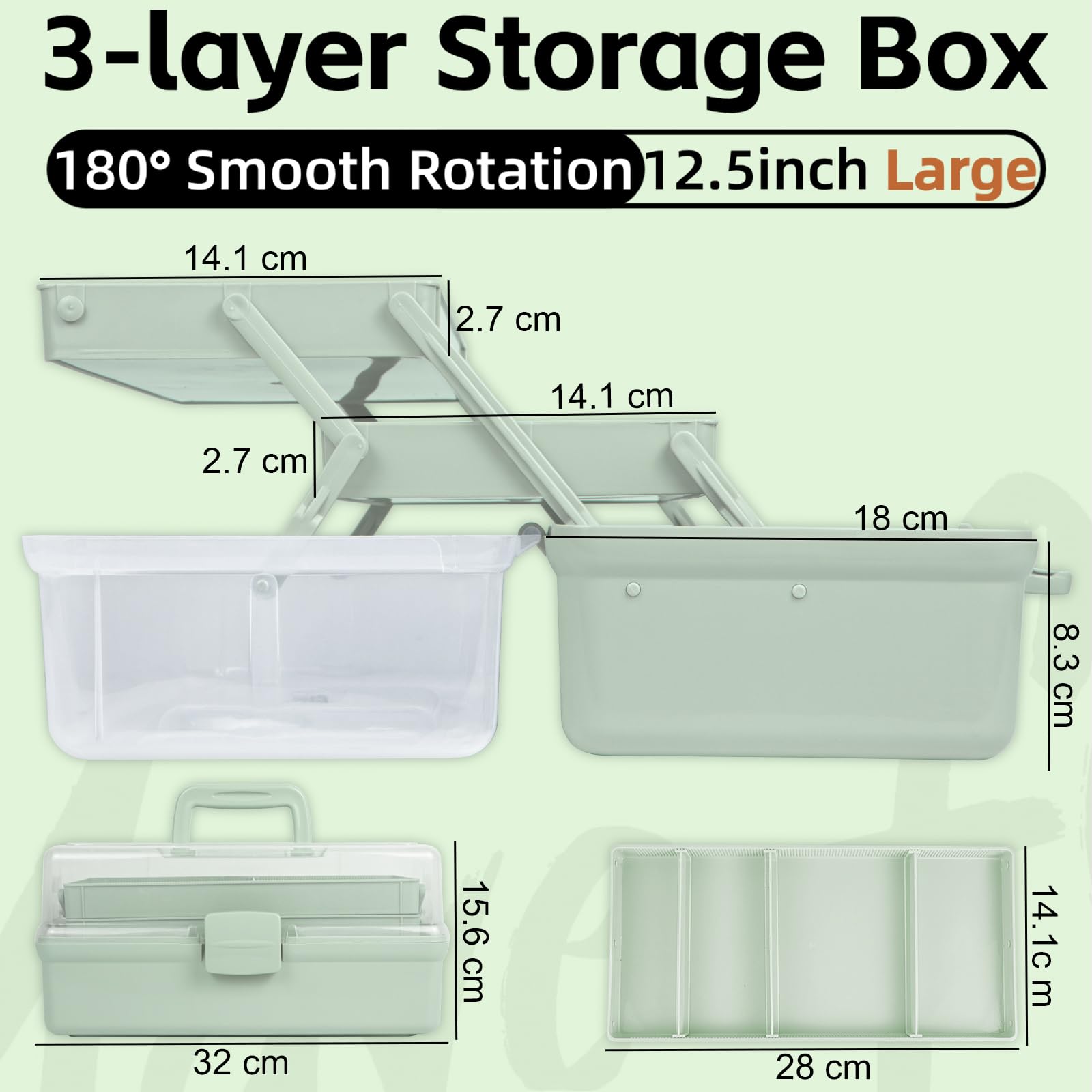 Creahaus 12.5in 3 Layer Multipurpose Storage Box/Craft Storage Boxes With Compartments/Plastic Tool Box/Medicine Storage/Hair Accessories