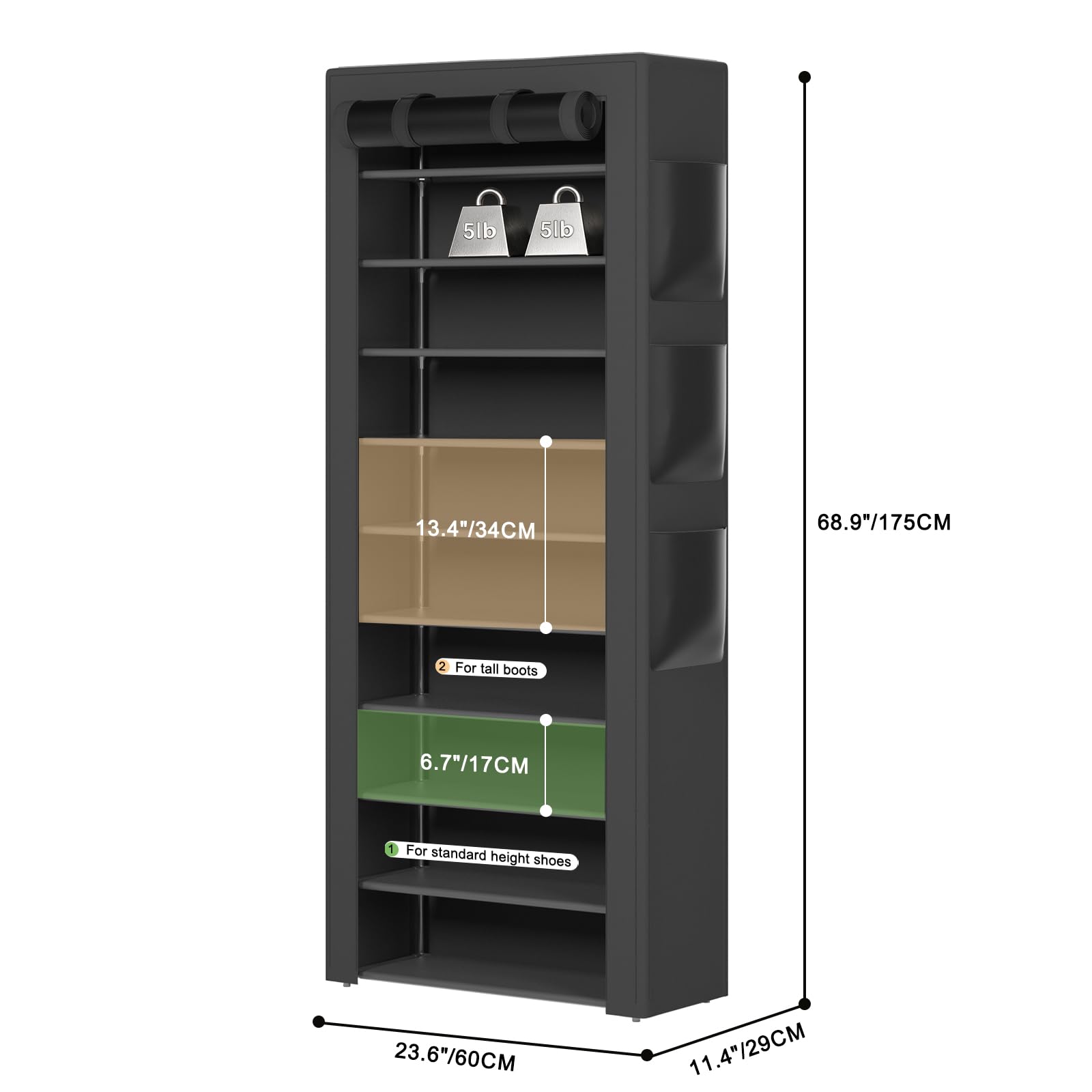 OYREL Shoe Rack with Cover, 10+1 Tier Tall 36-41 Pairs with 6 Side Pockets