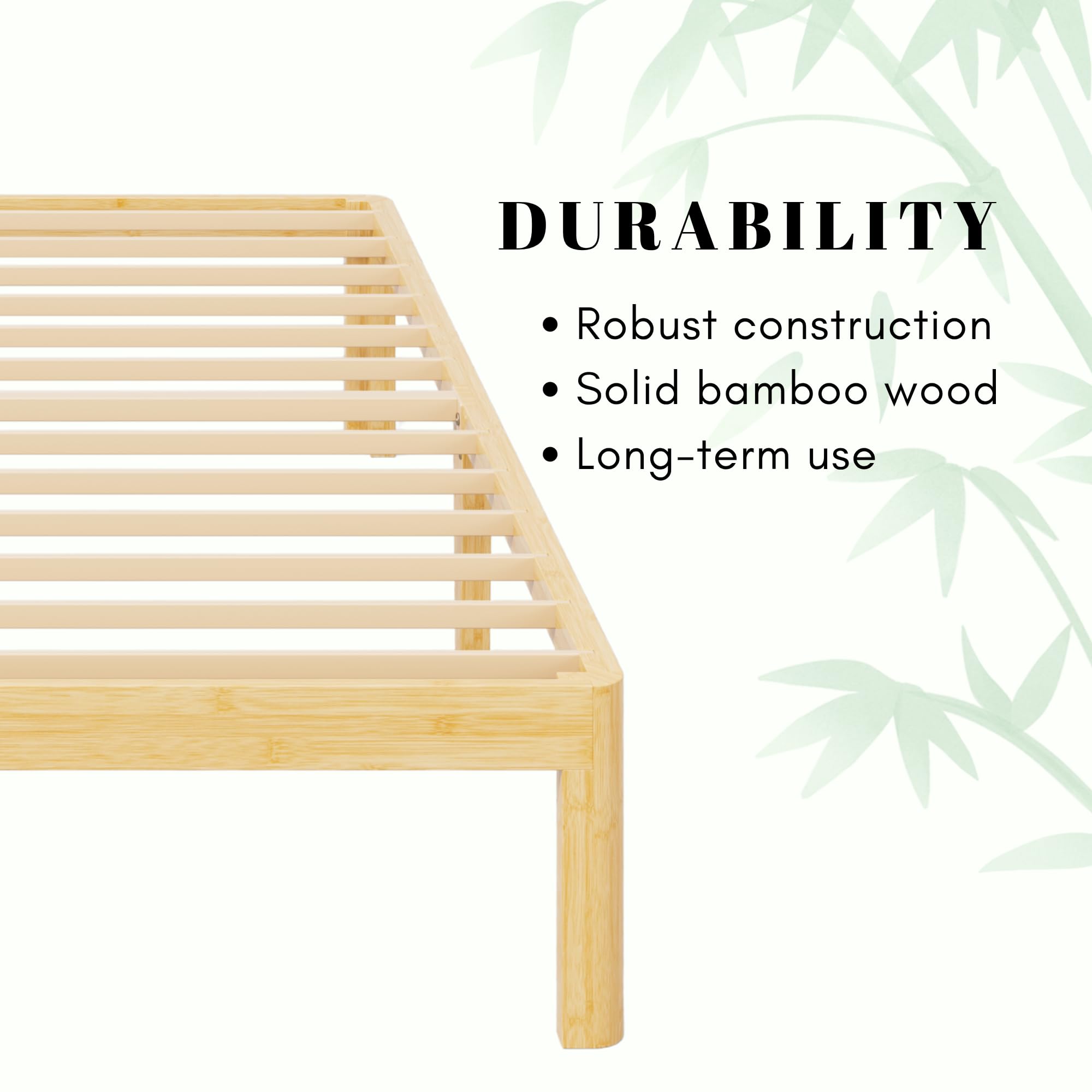 QFtime Bamboo Wood Double Bed Frame, Platform Bed Frame Double with Metal Slats Support, Easy to Install, Noise Free, Sturdy, 35.5 cm High