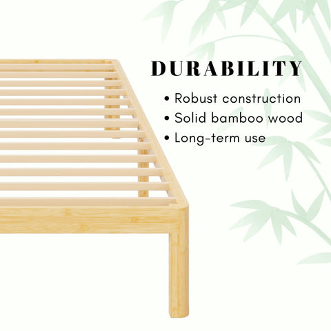 QFtime Bamboo Wood Double Bed Frame, Platform Bed Frame Double with Metal Slats Support, Easy to Install, Noise Free, Sturdy, 35.5 cm High