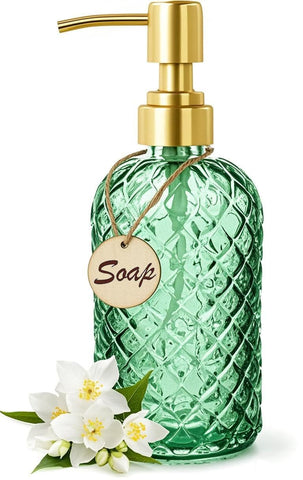 Bingobang Glass Soap Dispenser with Hand Gold Pump 470ml, Green