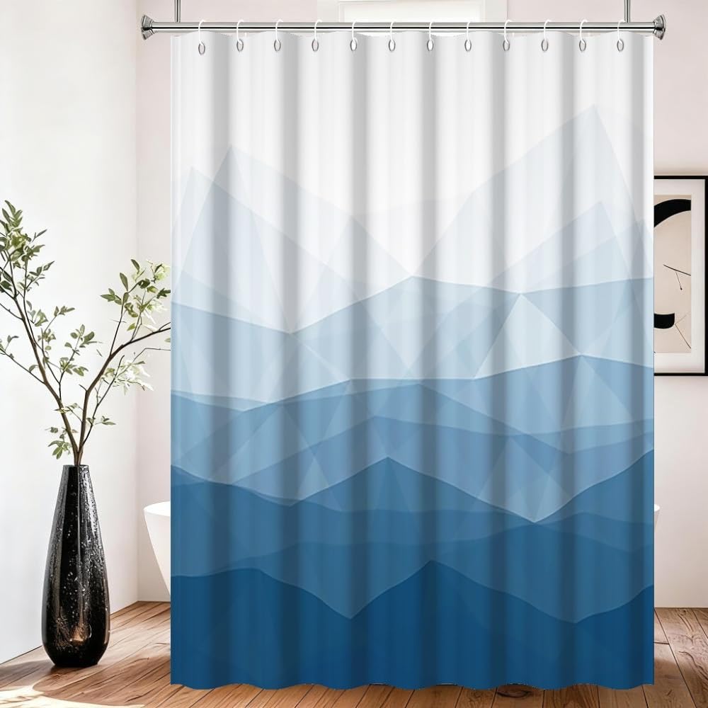 Xiaoterna Modern Concise Blue Shower Curtain Abstract Contemporary Aesthetics Waterproof Bathroom Curtain 3D Shadow White Geometric Lines Washable