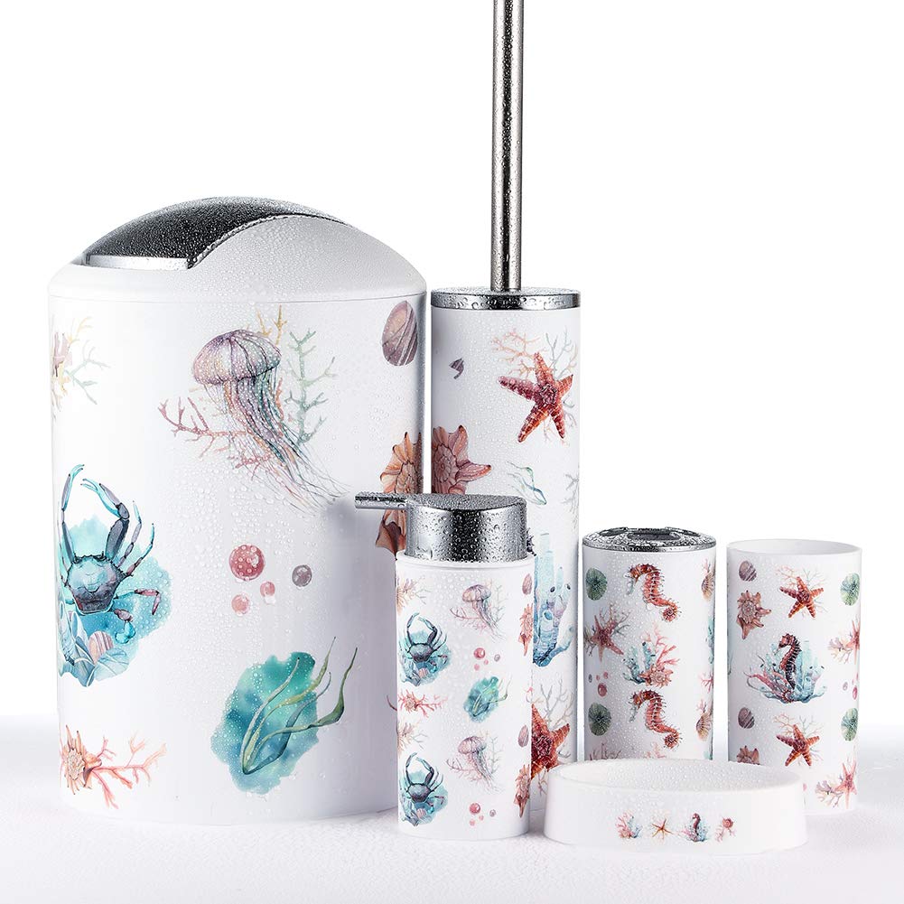 JOTOM Modern Design 6 Piece Plastic Bathroom Accessory Set Luxury Bath Accessories Bath Set Lotion Bottles,Toothbrush Holder,Tooth Mug,Soap