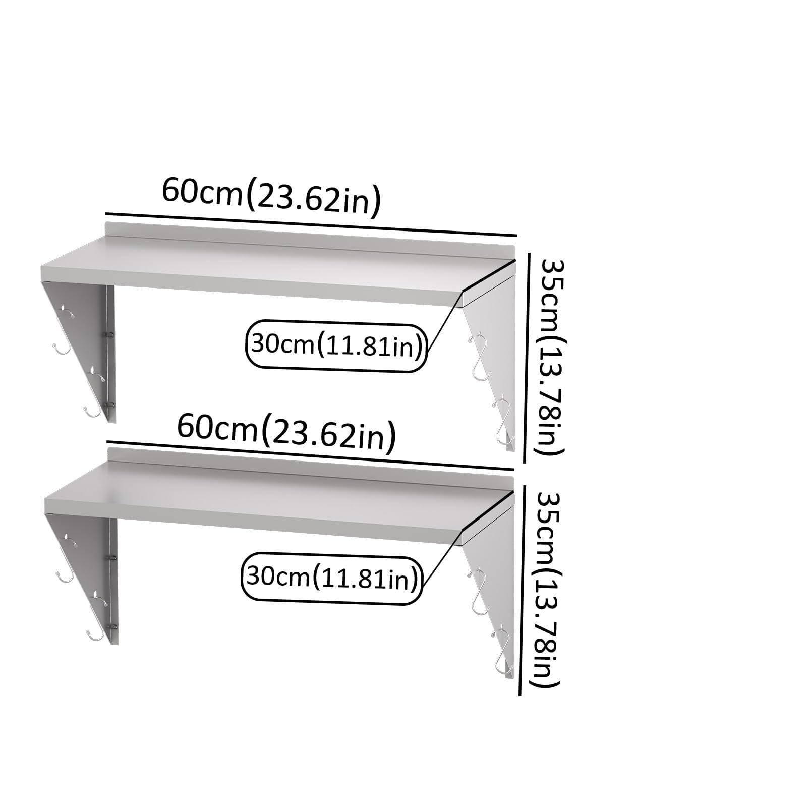 TAIMIKO Stainless Steel Wall Shelf 60x30cm, 2PCS