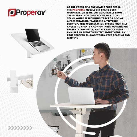Properav Mobile Sit-Stand Tilting Desk Workstation 600x520mm Gas Spring Height Adjust 758-1128mm with Pedal for Windows & Mac Laptops inc Dell, BenQ