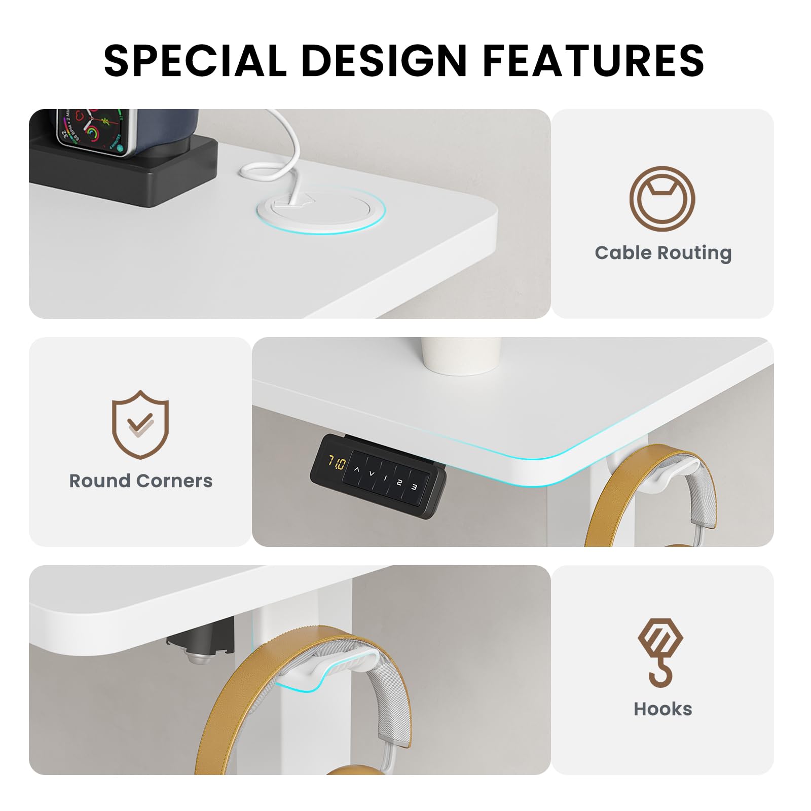 Farini U-Shaped Ergonomic Electric Standing Desk, 100x60cm, Height Adjustable Sit to Stand Desk with Memory Keypad & Headphone Hook for Home and