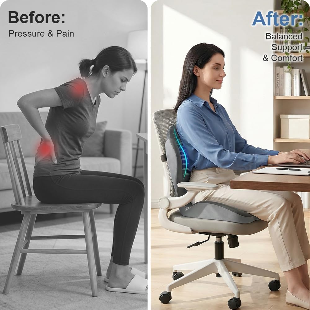 HoldOneLight Ergonomic Memory Foam Seat Cushion, Two‑tone Grey