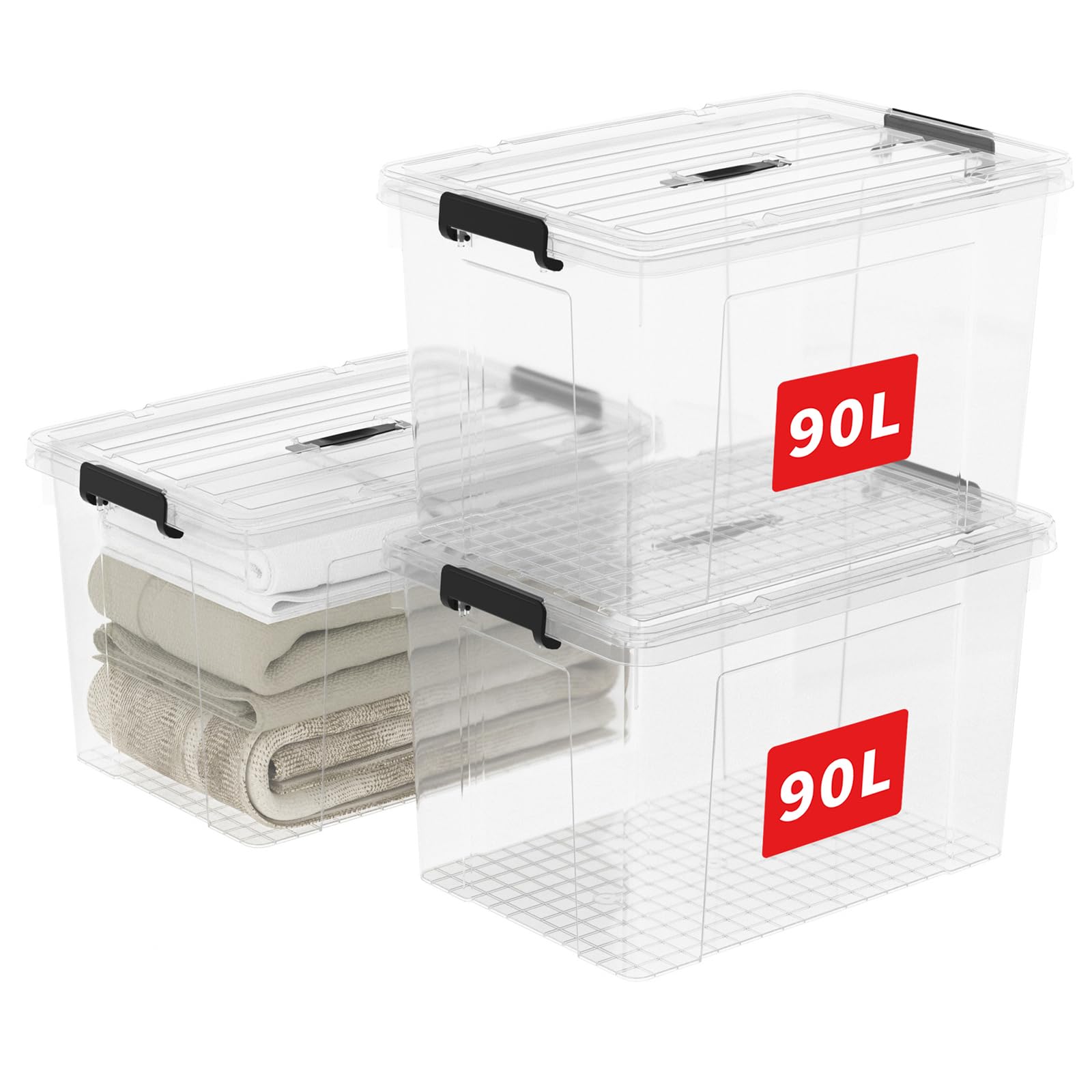 Cetomo 90L*3 Storage Boxes, Carry Plastic Storage Box with Lids, Clear Organizing Container with Handle and Secure Latches
