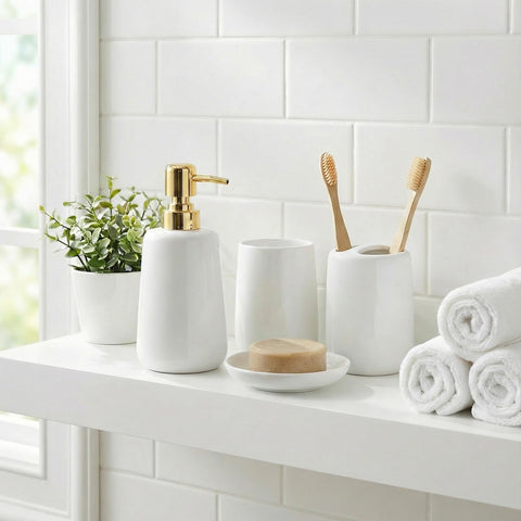 Bathroom Accessories Set, 4 Pcs Ceramic Bath Accessory Set Elegant Modern Toothbrush and Toothpaste Holder + Toothbrush Tumbler + Liquid Soap or