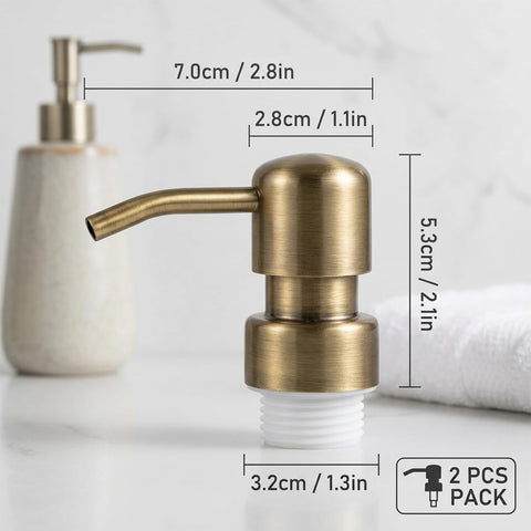 2 Pack Vintage Gold Stainless Steel Soap Dispenser Pump Replacement Heads, 304 Grade 28/400 Screw-In Thread