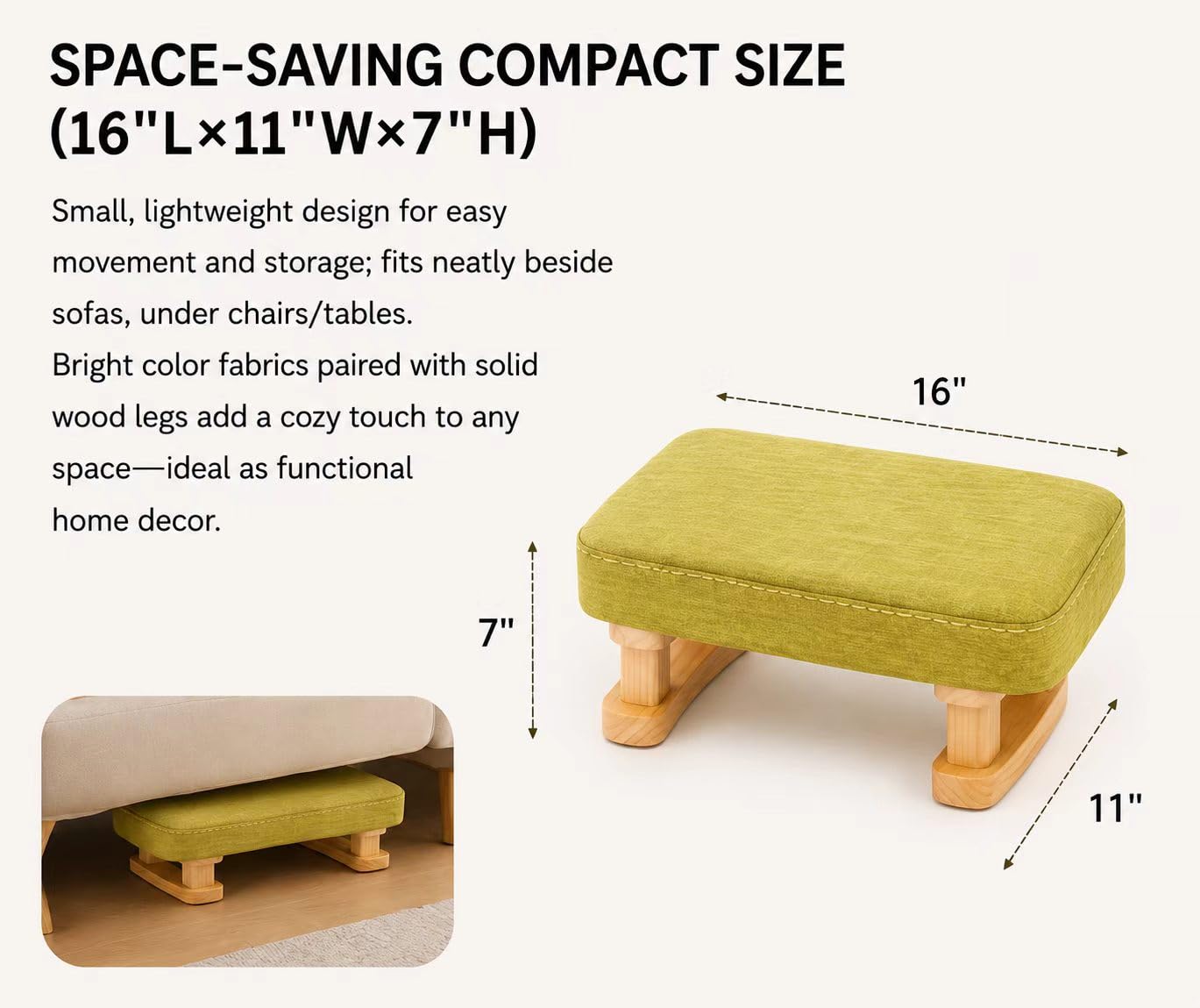 Small Footstool Ottoman, Removable Cover Fabric Foot Stool Rest with Wooden Legs and Non-Slip Soft Padding, Modern Footstools Step for Couch, Desk