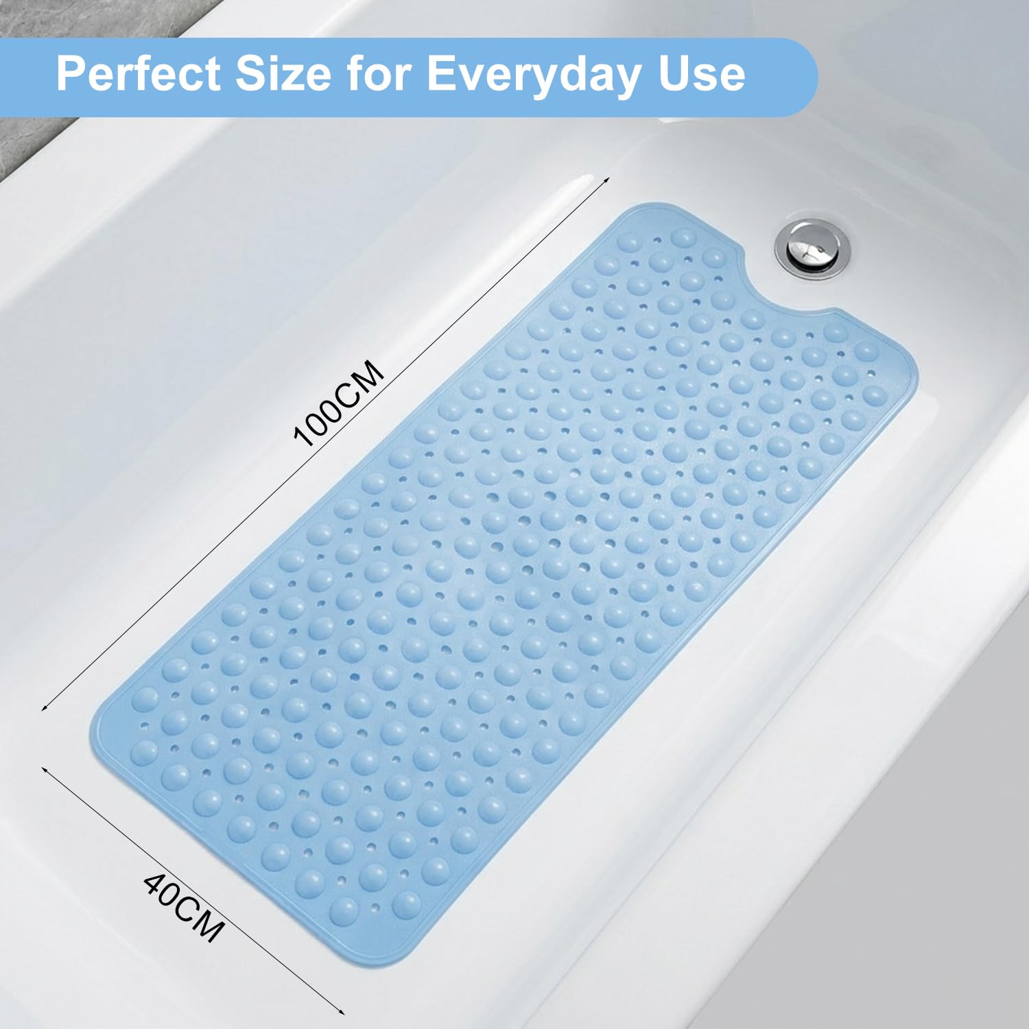 Myouhuo Non Slip Bath Mat for Tub, 100 x 40cm Extra Long Shower Mat Anti Mould, Machine Washable Bathroom Bathtub Mat with Suction Cups and Drain