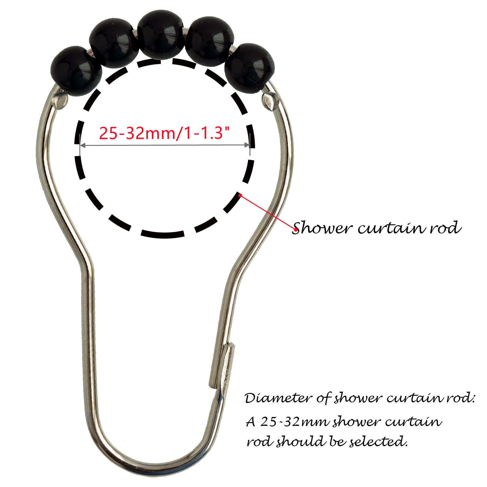 Shower Curtain Hooks Rings Stainless Steel Shower Hooks Black Acrylic roller Balls Rustproof Heavy Duty for Bathroom Curtain(Black)