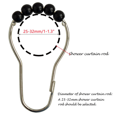 Shower Curtain Hooks Rings Stainless Steel Shower Hooks Black Acrylic roller Balls Rustproof Heavy Duty for Bathroom Curtain(Black)