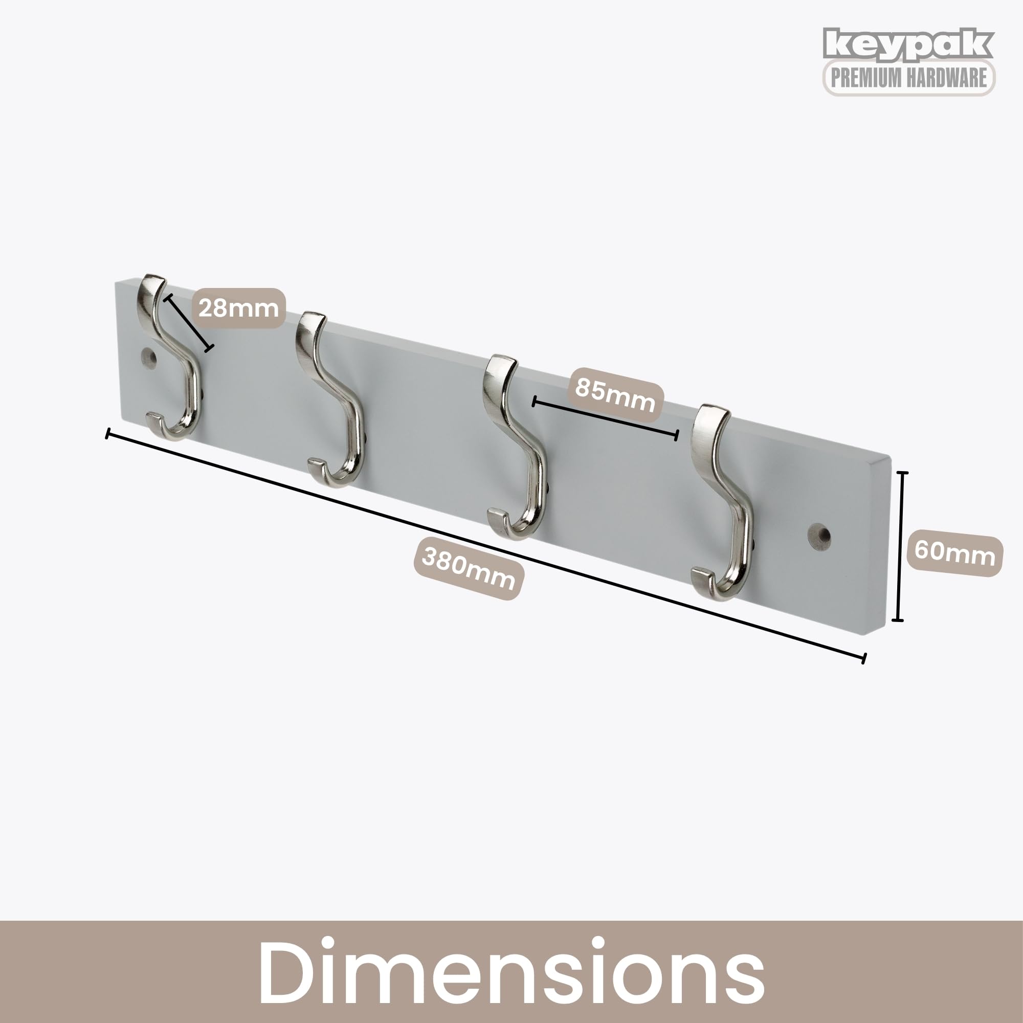 keypak Wall-Mounted Coat Rack – 4 Nickel Hooks on Stylish 38cm Grey Wood