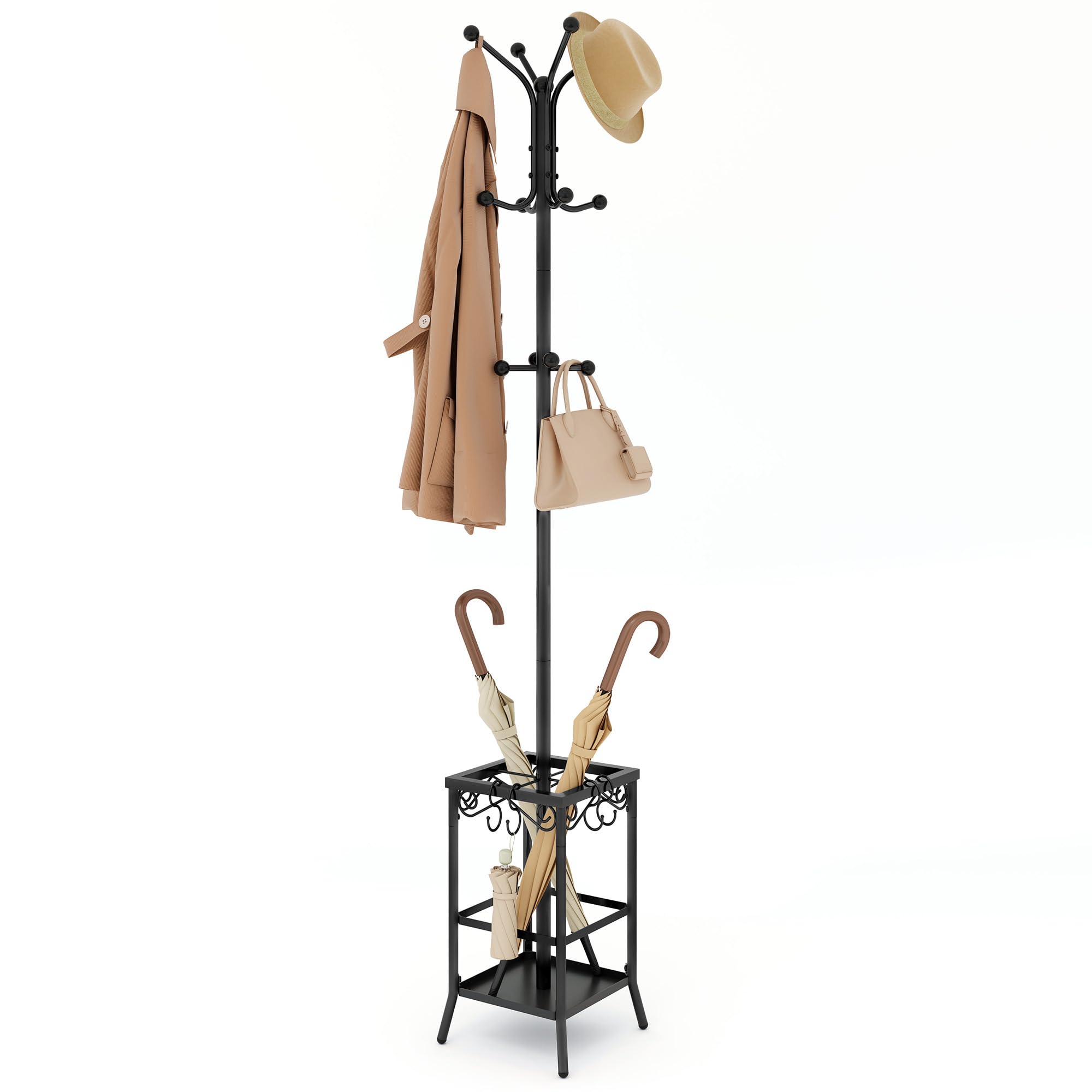 Hoctieon Coat Rack Freestanding, Coat Tree with Umbrella Holder, Metal Coat Rack Stand with 12 Hooks, Standing Coat Hanger Stand