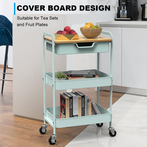 Shrivee 3-Tier Storage Trolley on Wheels and Drawer, All-Purpose Metal Uses Trolley for Office Salon Kitchen Bathroom Office(Green)