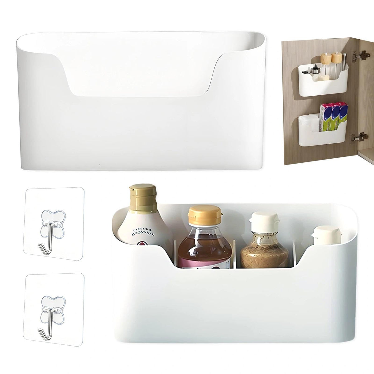 YSHODGU 2 Pcs Wall Mounted Storage Boxes, Kitchen Cabinet Door Storage Boxes, Self-Adhesive Without Drilling, With Hooks