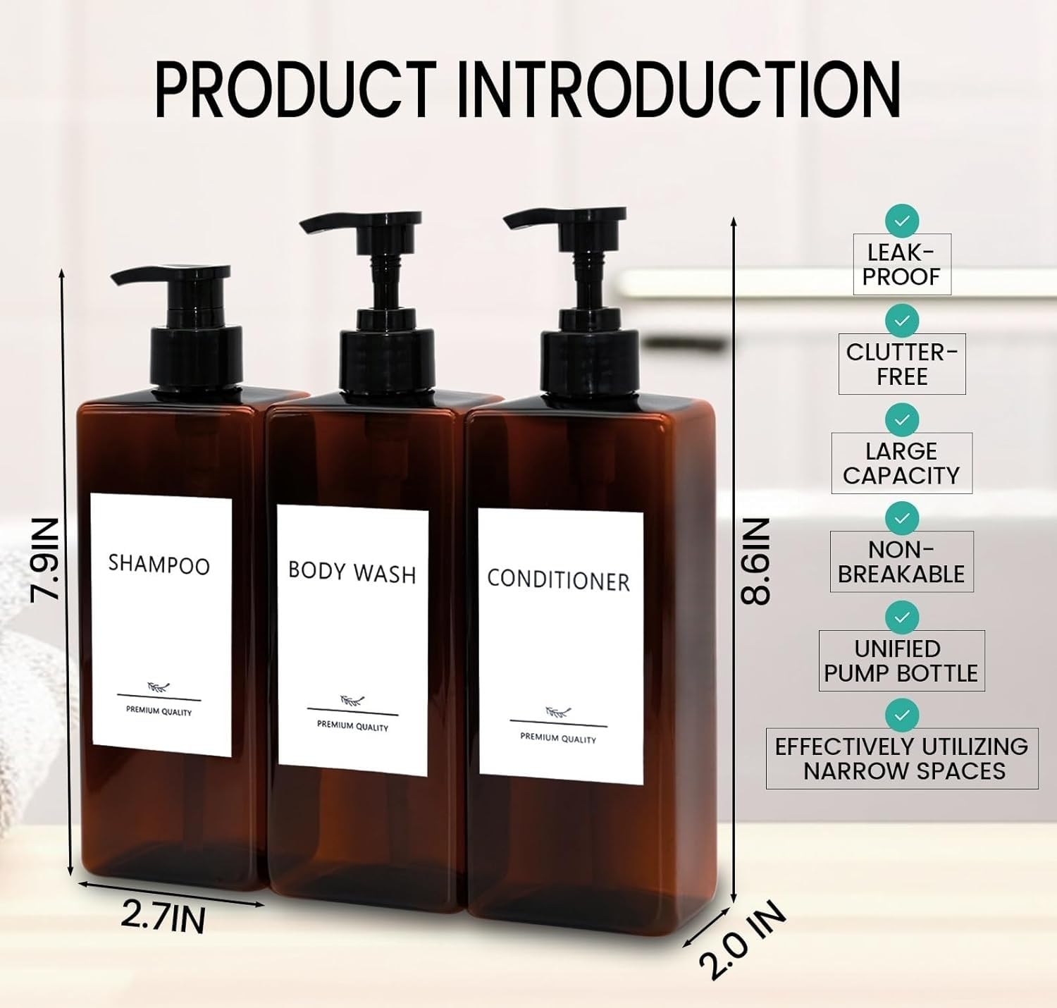 Shampoo and Conditioner Dispenser Set, 3Pack Refillable Shampoo and Conditioner Bottles with Labels