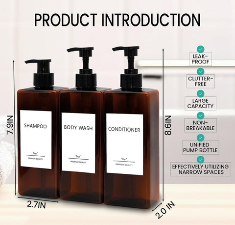 Shampoo and Conditioner Dispenser Set, 3Pack Refillable Shampoo and Conditioner Bottles with Labels