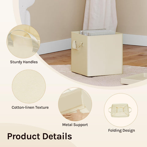 WOLTU Fabric Storage Boxes Set of 3, Folding Baskets with Lids, Handles, Metal Frame, Wardrobe Toy Organisers for Living Room, Bedroom, Office, Cream