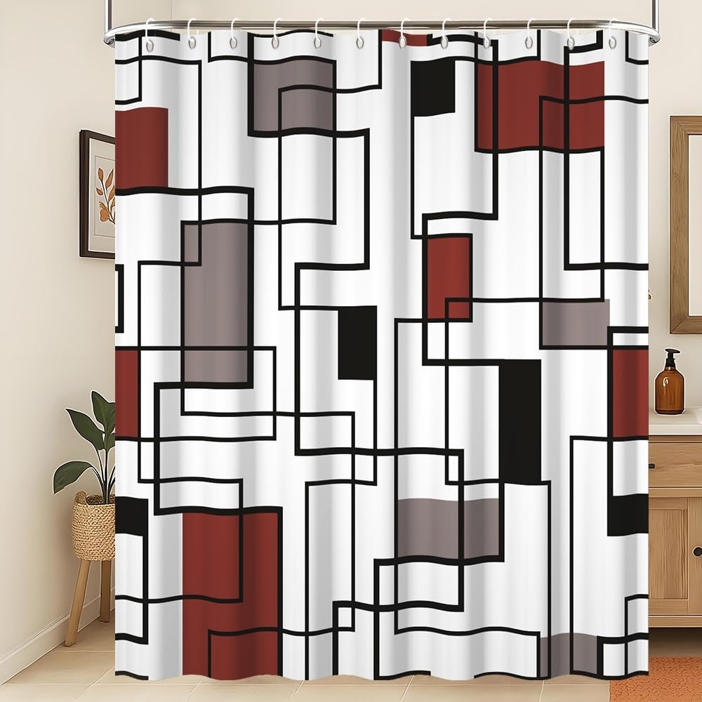 Xiaoterna Geometric Shower Curtain Abstract Red and Black Bathroom Curtain Modern Simplicity Geometric Square Waterproof Machine Washable Shower
