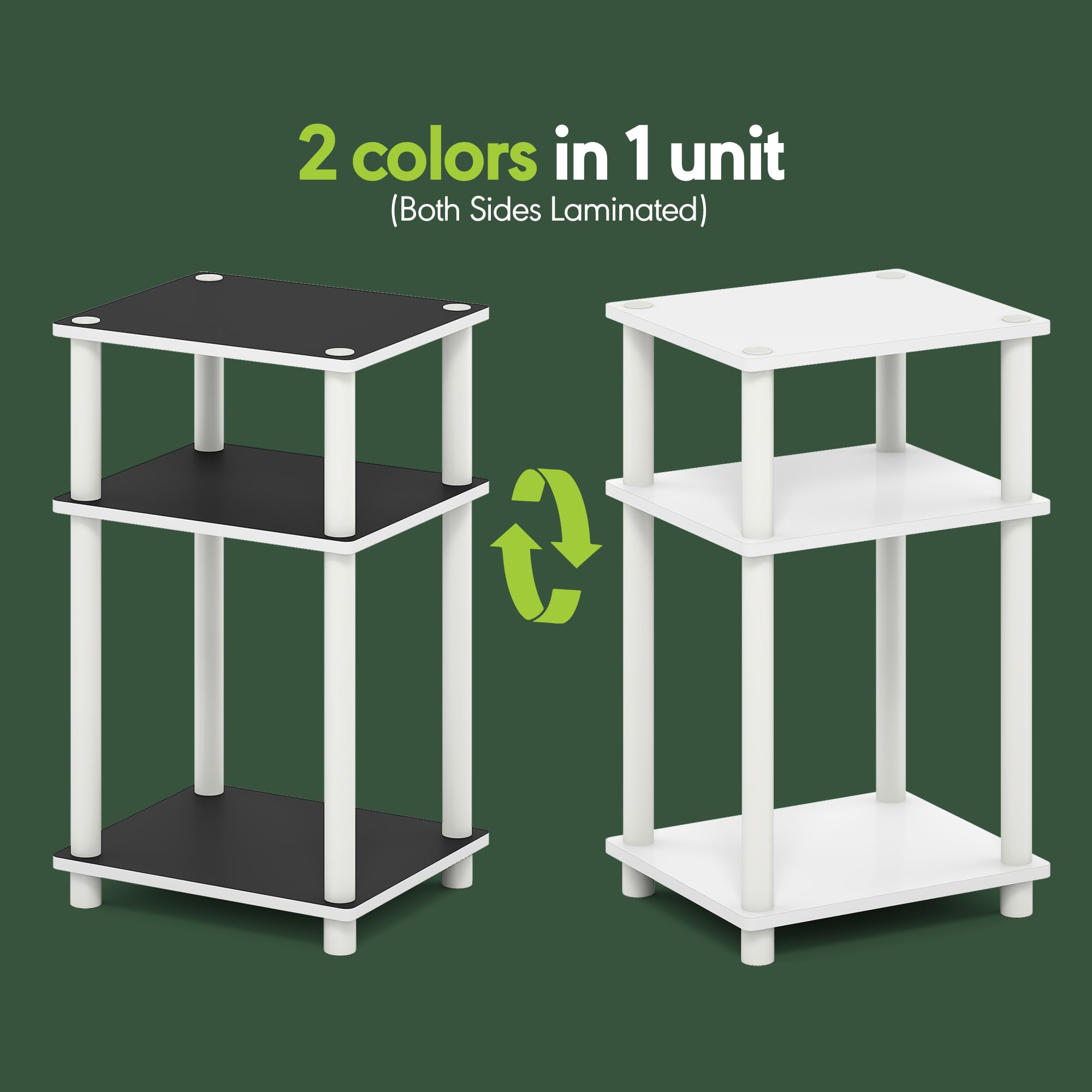 Furinno TURN-N-TUBE Side Table, 3-Tier End Table, Night Stand, Bedside Table, for Living Room, Bedroom, White/Black Espresso