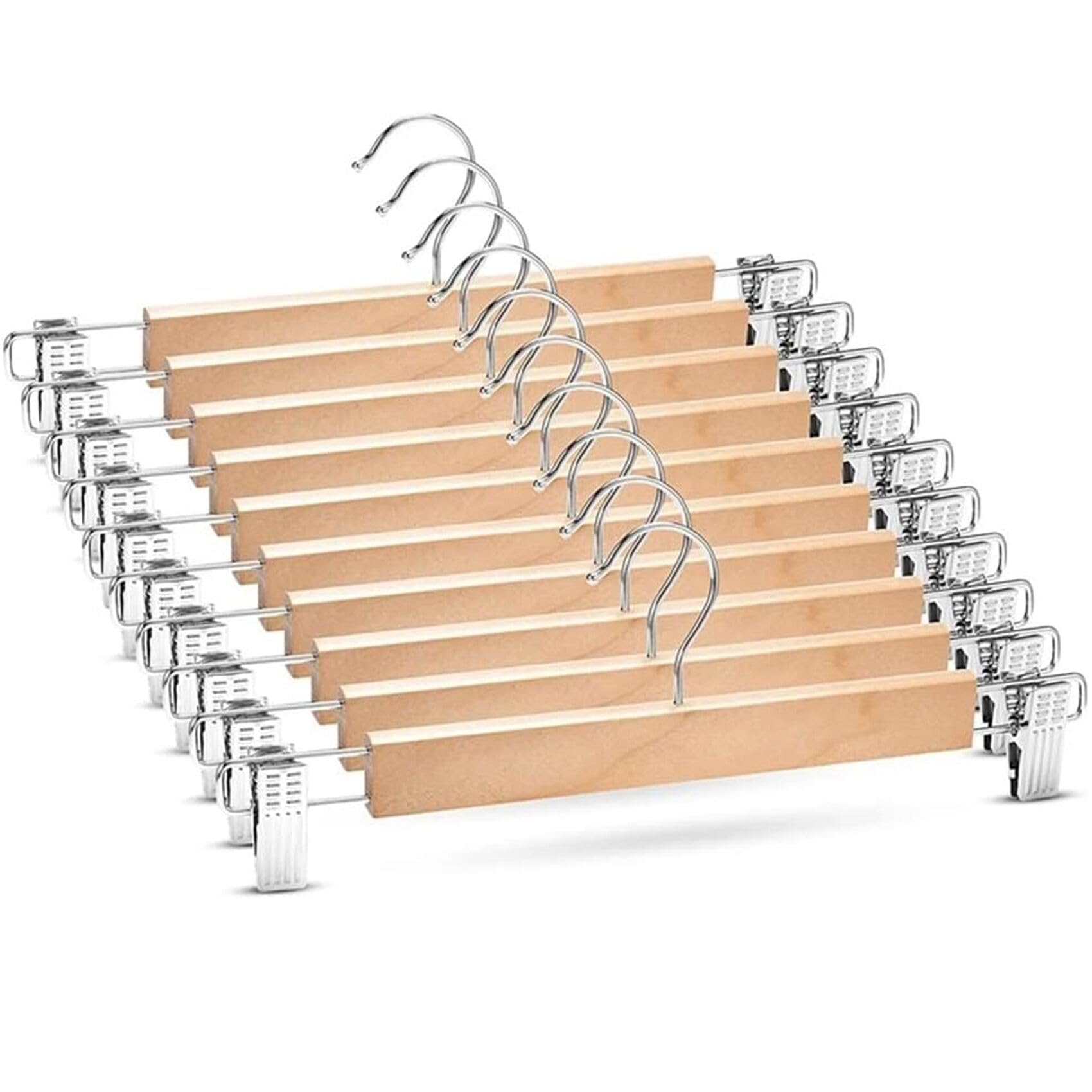 Niulab 35cm Heavy Duty Wooden Trouser Hangers, 10PCS Space Saving Pants Skirt Hangers with Adjustable Clips