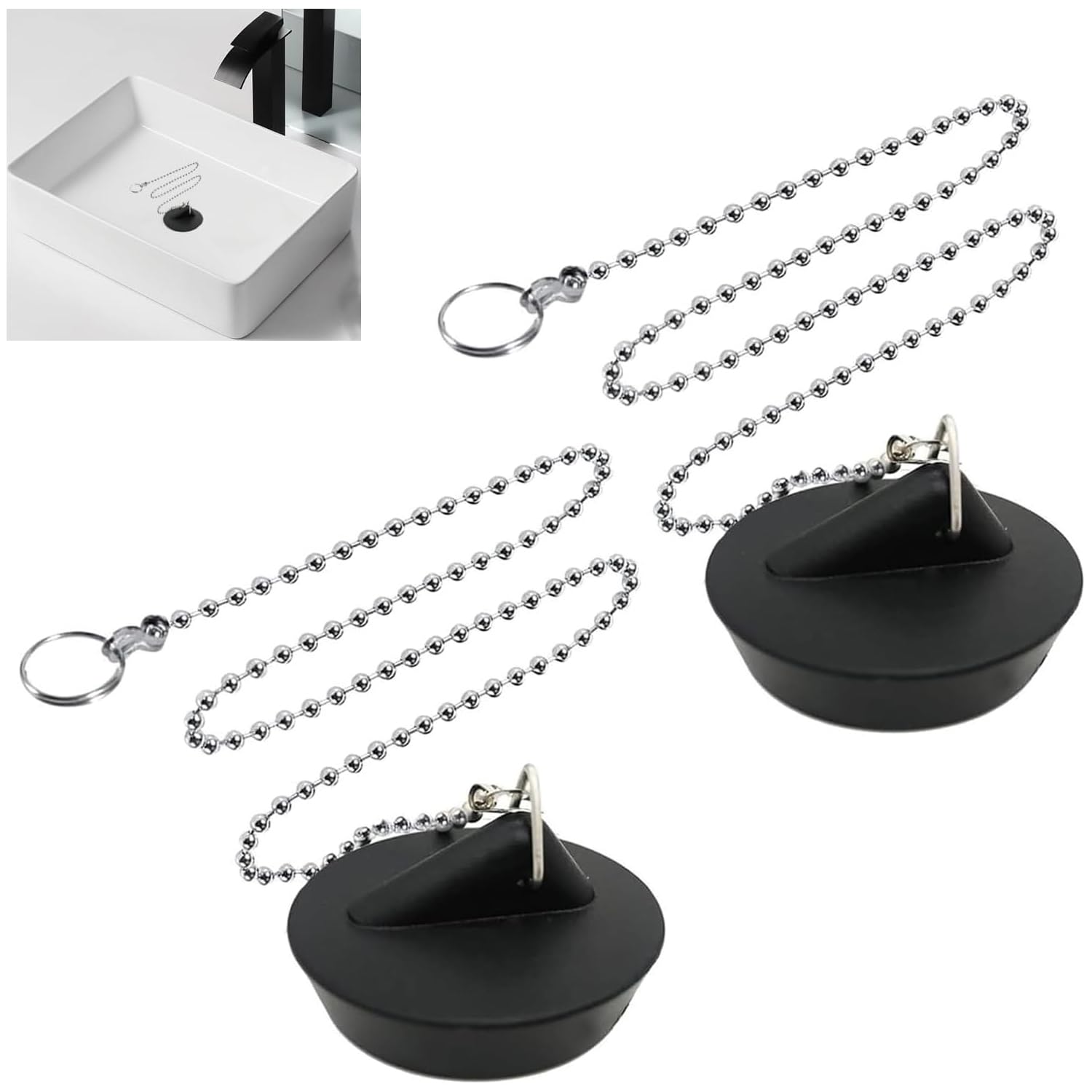 ZIOYANE 2Pcs Drain Plugs, Black Siliconewith Triangle Hook & Bead Chain Sink and Bath Plug for Washbasin Bathtub Bathroom Floor Drain