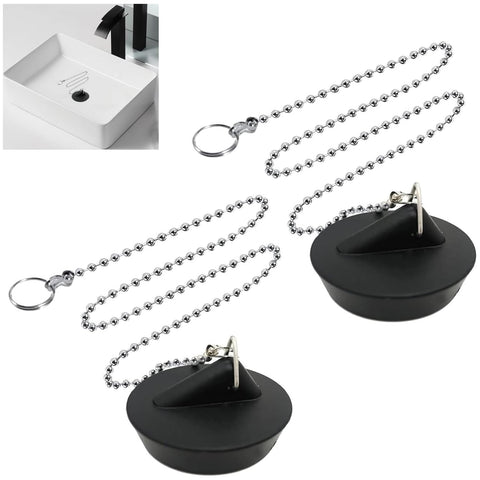 ZIOYANE 2Pcs Drain Plugs, Black Siliconewith Triangle Hook & Bead Chain Sink and Bath Plug for Washbasin Bathtub Bathroom Floor Drain
