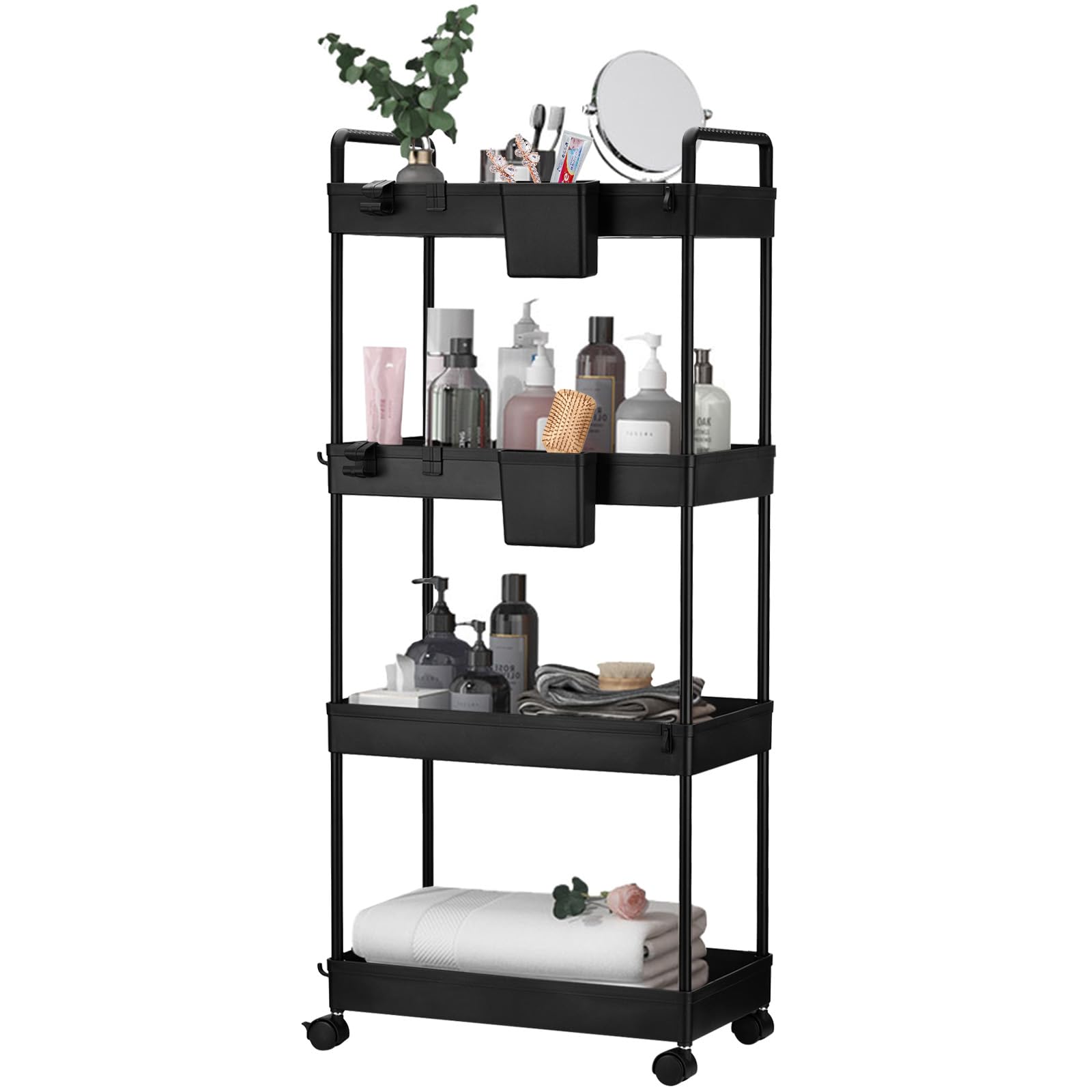 Wuudi 4-Tier Storage Trolley Cart, Slide-Out Cart with Wheels Rolling Utility Shelf Rack for Kitchen Bathroom with Hanging Cups & Partition