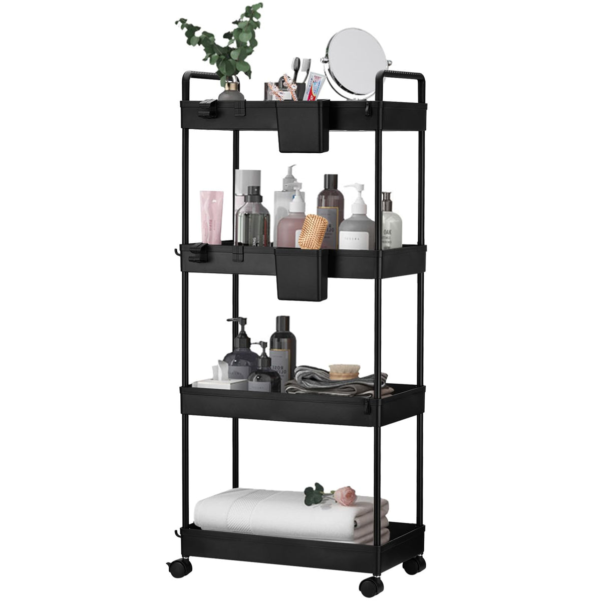 Wuudi 4-Tier Storage Trolley Cart, Slide-Out Cart with Wheels Rolling Utility Shelf Rack for Kitchen Bathroom with Hanging Cups & Partition