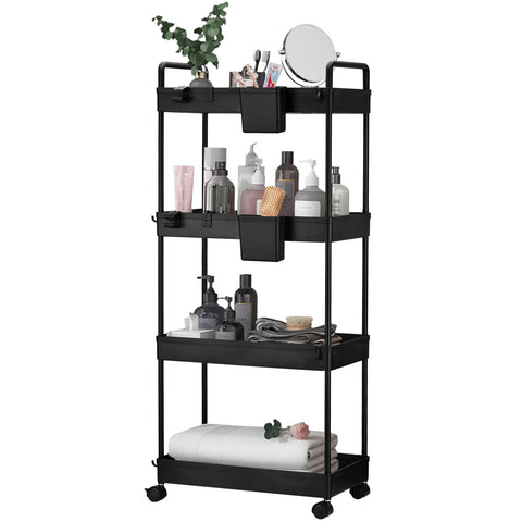 Wuudi 4-Tier Storage Trolley Cart, Slide-Out Cart with Wheels Rolling Utility Shelf Rack for Kitchen Bathroom with Hanging Cups & Partition