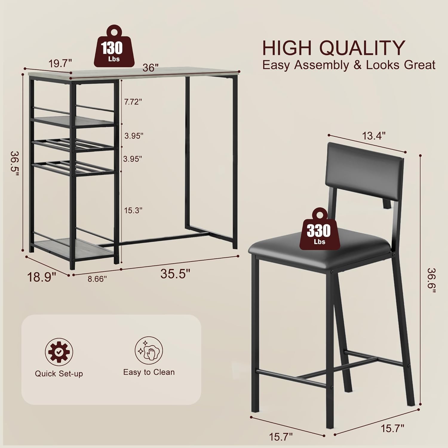 Techigher Bar Table Set, Dining Tables with 2 Upholstered Chairs, 3 Piece Counter Height Kitchen Table Set with 2-Tier Storage Shelves & 2 Wine Racks