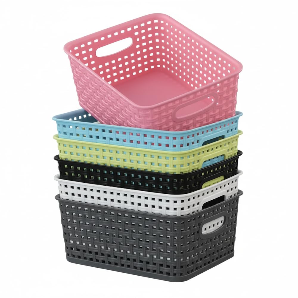 Rinboat Muti-Colour Rectangle Plastic Weave Storage Shelf Baskets, Pack of 6