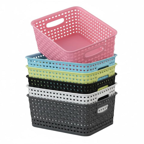 Rinboat Muti-Colour Rectangle Plastic Weave Storage Shelf Baskets, Pack of 6