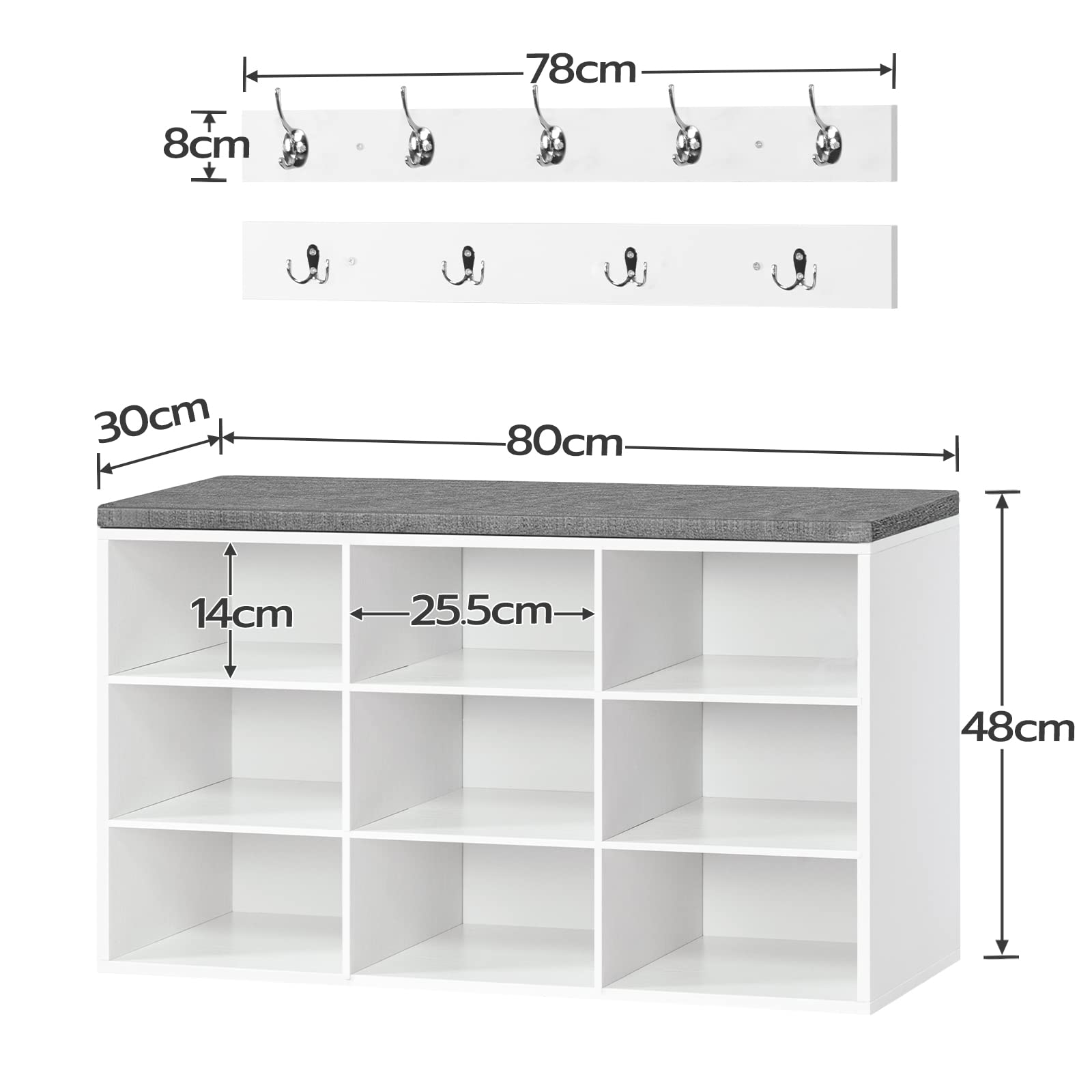HOOBRO Shoe Storage Bench with Cushion and Coat Hooks, Shoe Rack Bench with Padded Seat, 80 cm Coat Rack for Hallway, 9 Compartments