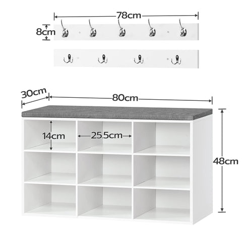 HOOBRO Shoe Storage Bench with Cushion and Coat Hooks, Shoe Rack Bench with Padded Seat, 80 cm Coat Rack for Hallway, 9 Compartments