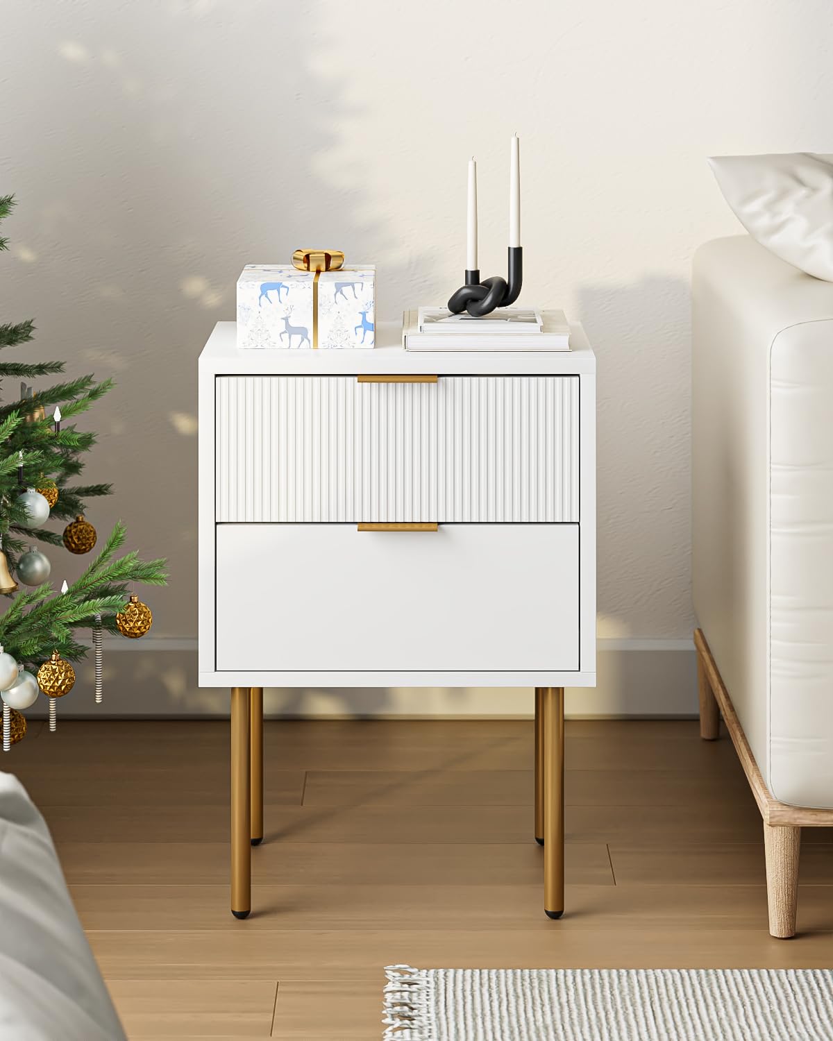 HEYZOEY Bedside Table, Small Bedside Tables with 2 Drawers, Wooden Nightstand with Gold Legs, Mid-Century Modern Bed Side End Table for Bedroom