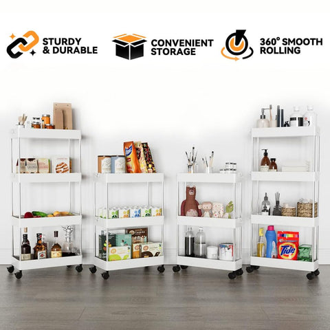 3-Tier Narrow Slim Storage Trolley Cart Slide-out Utility Mobile Shelving Space Organizer Shelf Rack Storage Cart on Wheels for Kitchen Bathroom