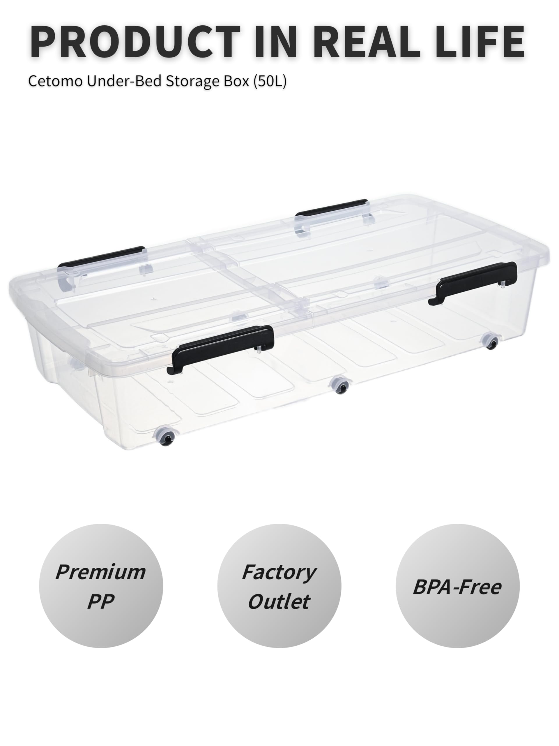 Cetomo 50L*4 Storage Boxes with Wheels, Under Bed Storage Container with Dual-Opening Lids, Durable Flat Organizing Box for Bedroom, Home, BPA-free