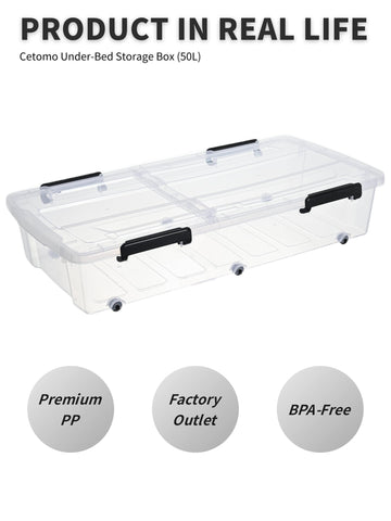 Cetomo 50L*4 Storage Boxes with Wheels, Under Bed Storage Container with Dual-Opening Lids, Durable Flat Organizing Box for Bedroom, Home, BPA-free