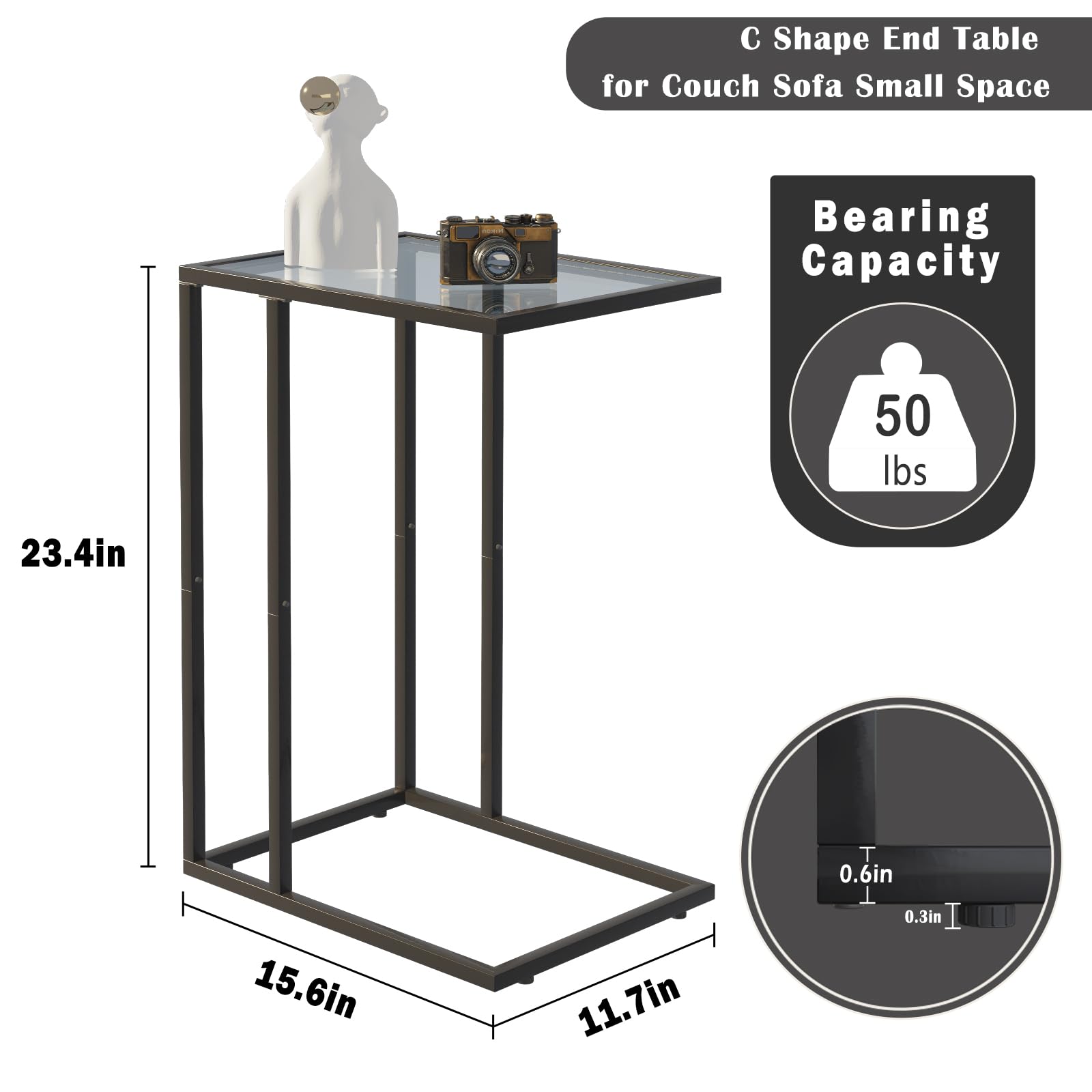 Huhote C Shaped End Table Set of 2, Glass Side Table for Couch, Sofa Table with Metal Frame, Couch Table for Living Room, Bedroom, Bedside, Black
