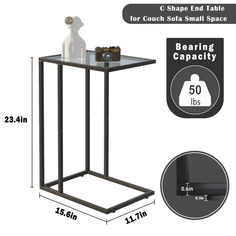Huhote C Shaped End Table Set of 2, Glass Side Table for Couch, Sofa Table with Metal Frame, Couch Table for Living Room, Bedroom, Bedside, Black