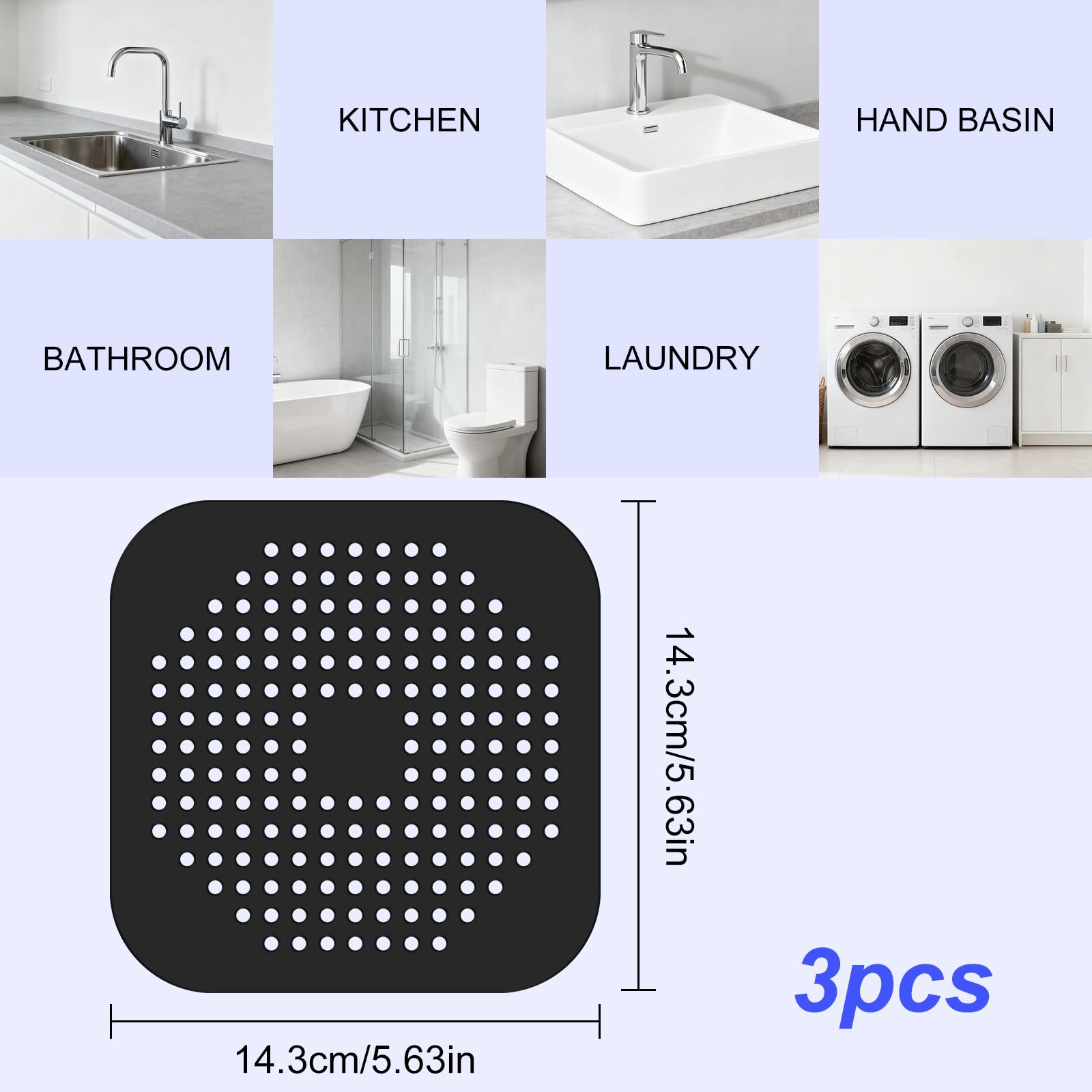 3Pcs Drain Hair Catcher - 5.7'' Silicone Shower Drain Protector - Reusable Sink Drain Strainer Hair Stopper for Shower Bathtub, Bathroom