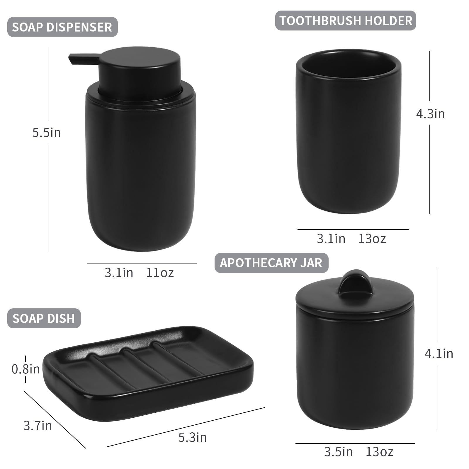 BosilunLife 4 pcs Ceramic Bathroom Accessories Set - Black Bathroom Counter Soap Set, Foam Dispenser, Soap Dish, Toothbrush Holder/Tumbler