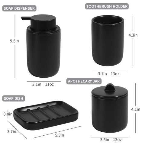 BosilunLife 4 pcs Ceramic Bathroom Accessories Set - Black Bathroom Counter Soap Set, Foam Dispenser, Soap Dish, Toothbrush Holder/Tumbler